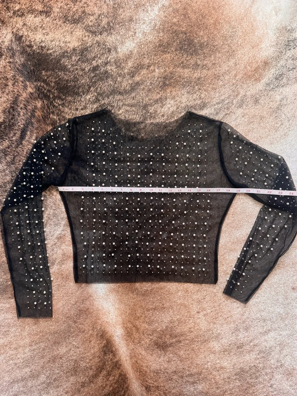 Sheer Pearl-Embellished Crop Top - Black